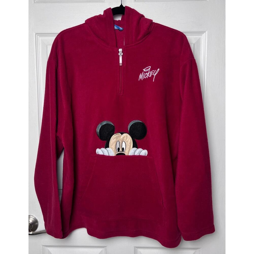 Disney Vintage Mickey Mouse Peek Pocket Fleece Hoodie Red Sweatshirt Size XL